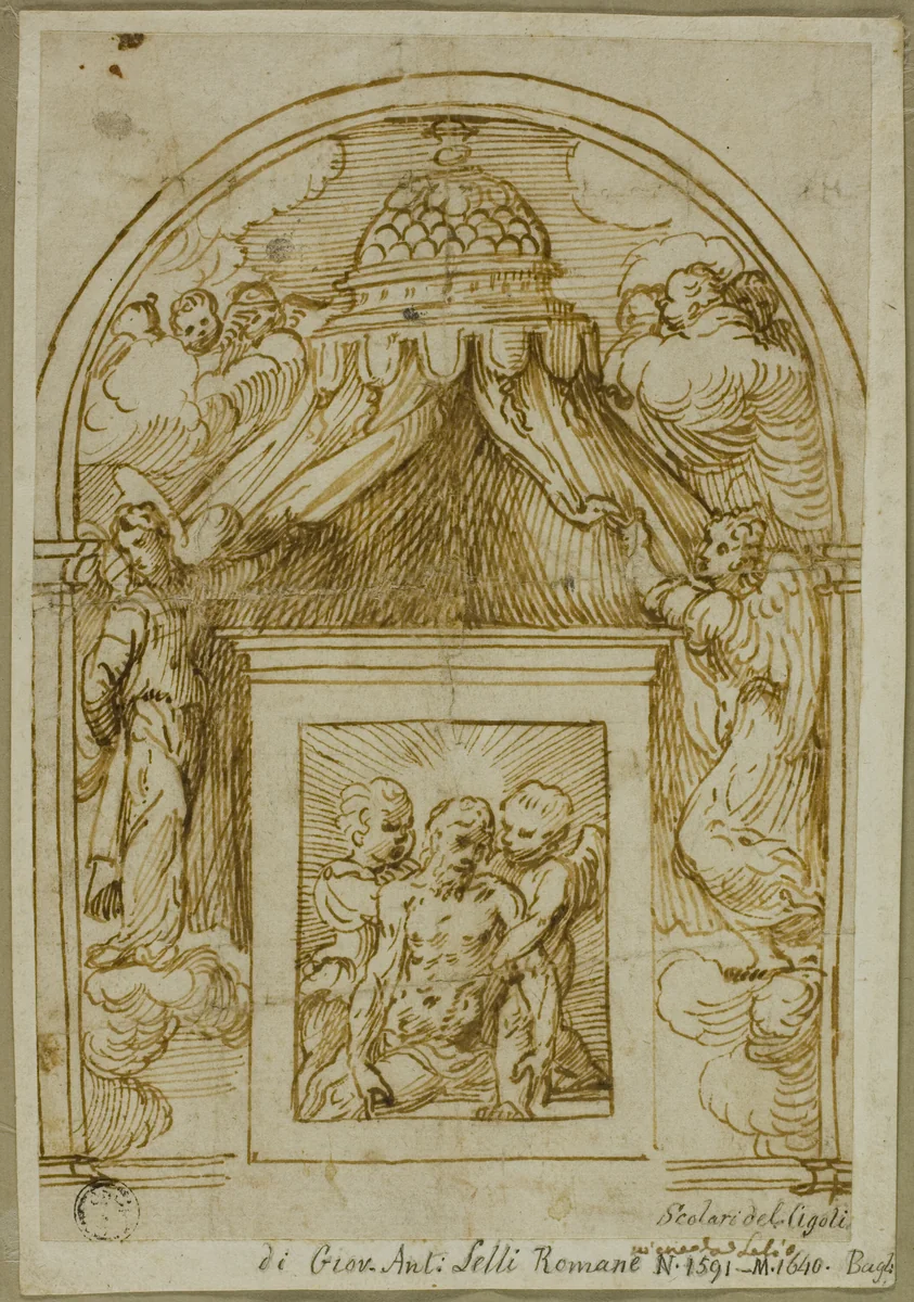 Tabernacle with Man of Sorrows by Domenico Campagnola, drawing, 1530-1540