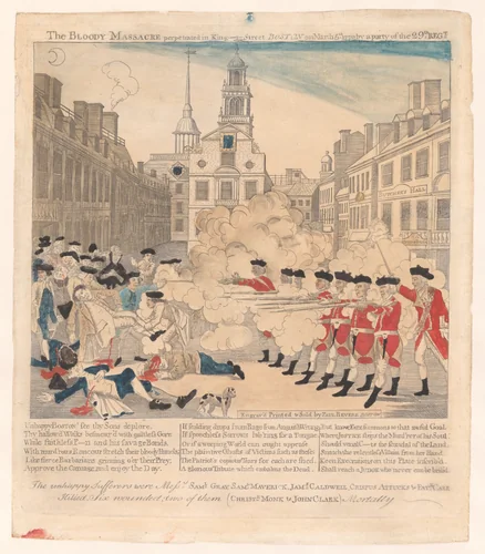 The Boston Massacre, or, The Bloody Massacre perpetrated in King Street, Boston on March 5, 1770 by a party of the 29th Regiment by Paul Revere Jr., print, 1770