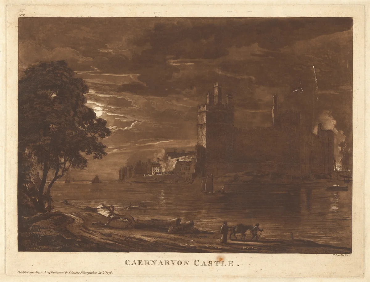 Caernarvon Castle (Night) by Paul Sandby, print, 1776