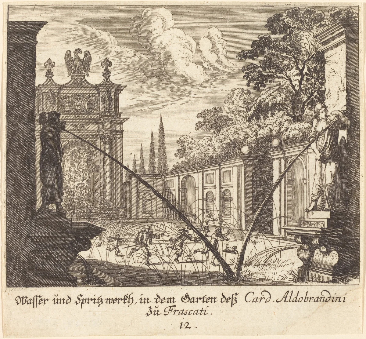 Gardens of Cardinal Aldobrandini, Frascati by Melchior Küsel; Johann Wilhelm Baur, print, 1681