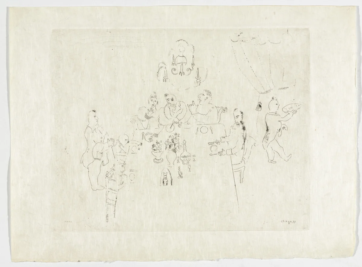 Meal at Manilov's House (Repas chez Manilov), plate X (supplementary suite) from Les Âmes mortes by Marc Chagall, illustrated book, 1923