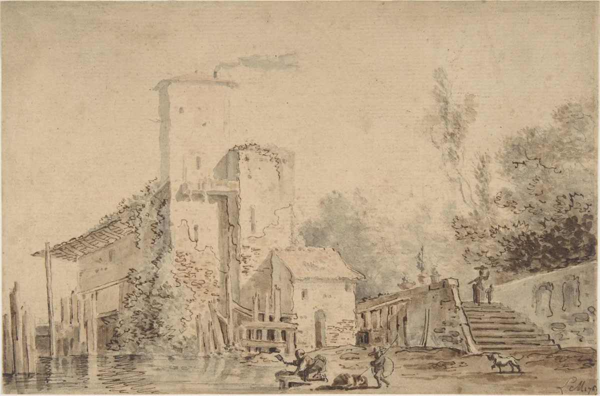Farm House by a River with Figures by Louis Gabriel Moreau, drawing, 1765