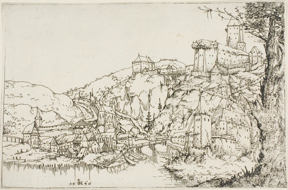 Landscape with River, Town and Castle by Augustin Hirschvogel, print, 1546