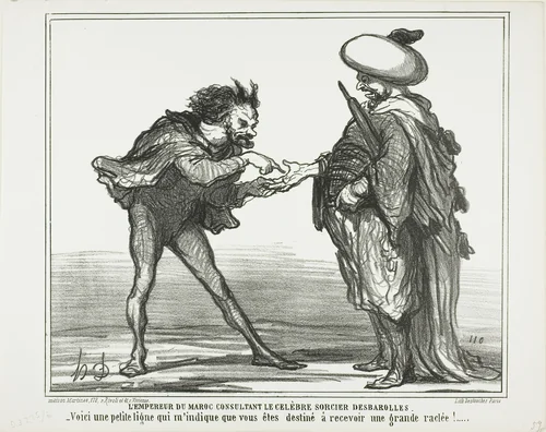 The Emperor of Morocco in Consultation With the Famous Magician Desbarolles. “- This small line here indicates to me that you are going to get a royal thrashing!,” plate 126 from Actualités by Honoré-Victorin Daumier, print, 1859