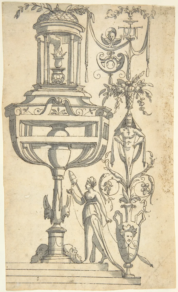 Candelabra Grotesque Crowned by an Altar in a Small Pavillion by anonymous, drawing, 1540-1570