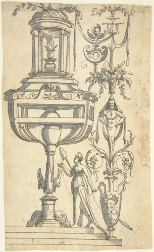 Candelabra Grotesque Crowned by an Altar in a Small Pavillion by anonymous, drawing, 1540-1570
