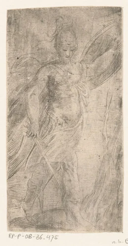 Vrouw met zwaard en schild, mogelijk Minerva by Unknown, print, 1532-1563