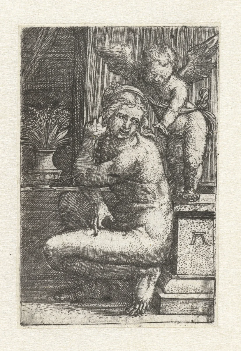 Knielende Venus met Cupido by Unknown, print, 1506-1538