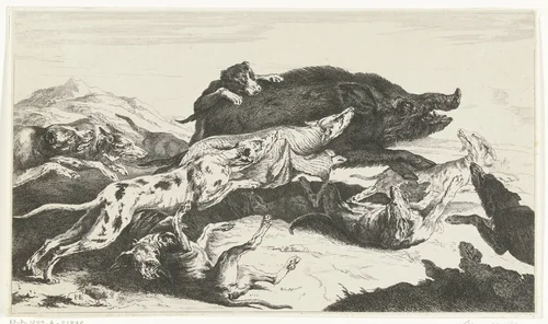Honden jagen een zwijn by William Young Ottley, print, 1828