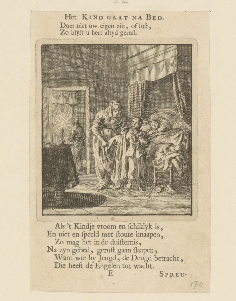 Kind wordt naar bed gebracht by Jan Luyken, print, 1712