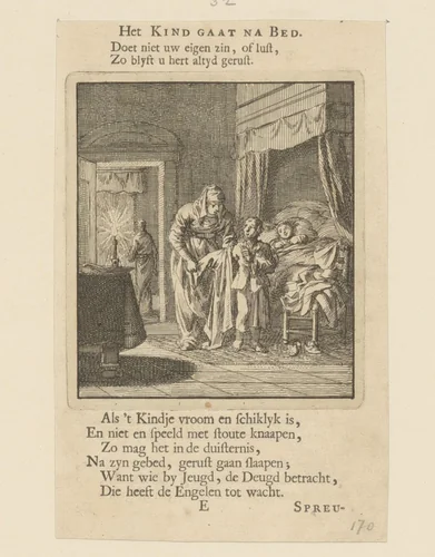 Kind wordt naar bed gebracht by Jan Luyken, print, 1712