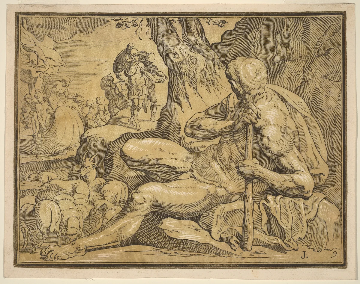 Ulysses and Polyphemus by John Baptist Jackson; Francesco Primaticcio, print, 1701-1780