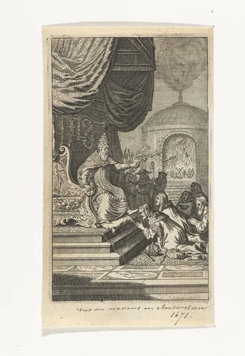 Wereldlijke vorsten geknield voor de paus by anonymous, print, 1671