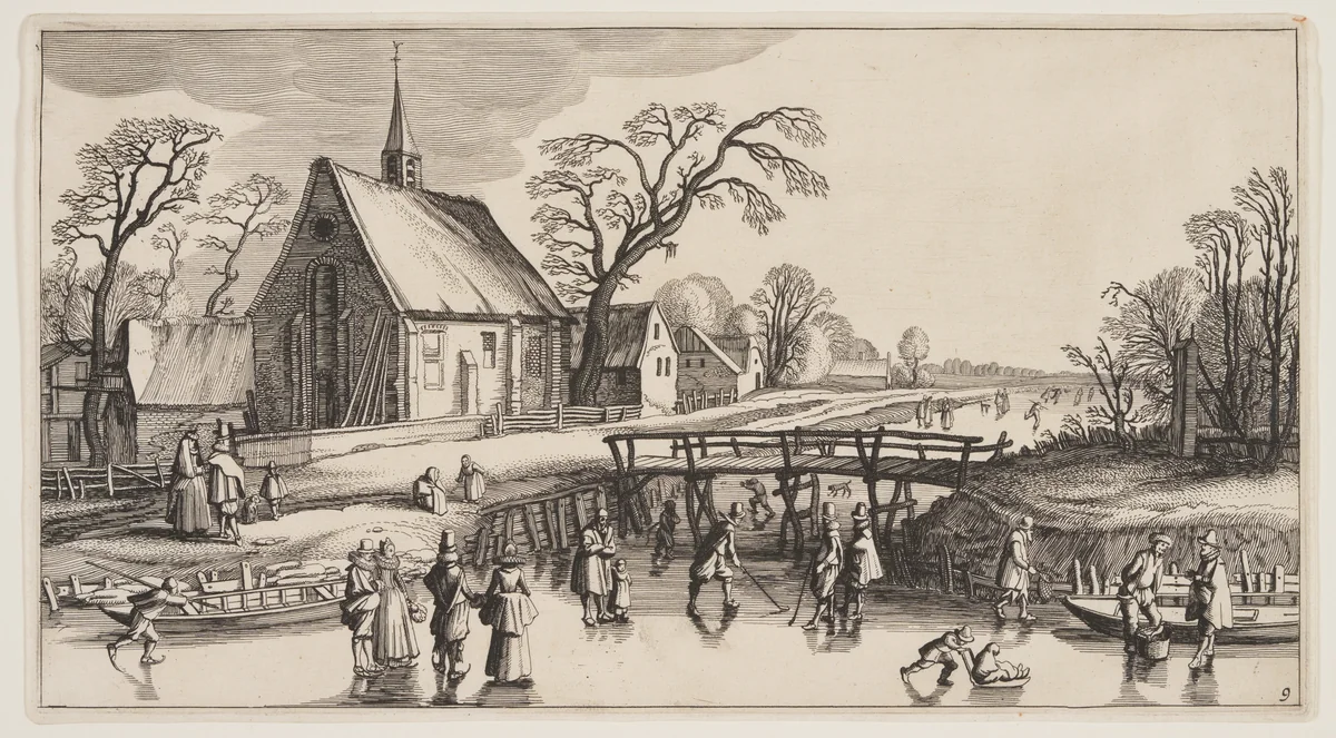 Winter Landscape, from Landscapes (Playsante Lantschappen) by Claes Jansz. Visscher II, print, 1641