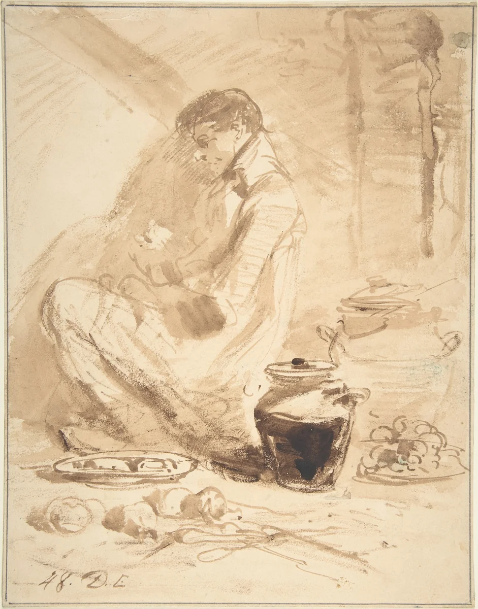 Man Sitting on the Ground with Jars and Food by anonymous, drawing, 1848