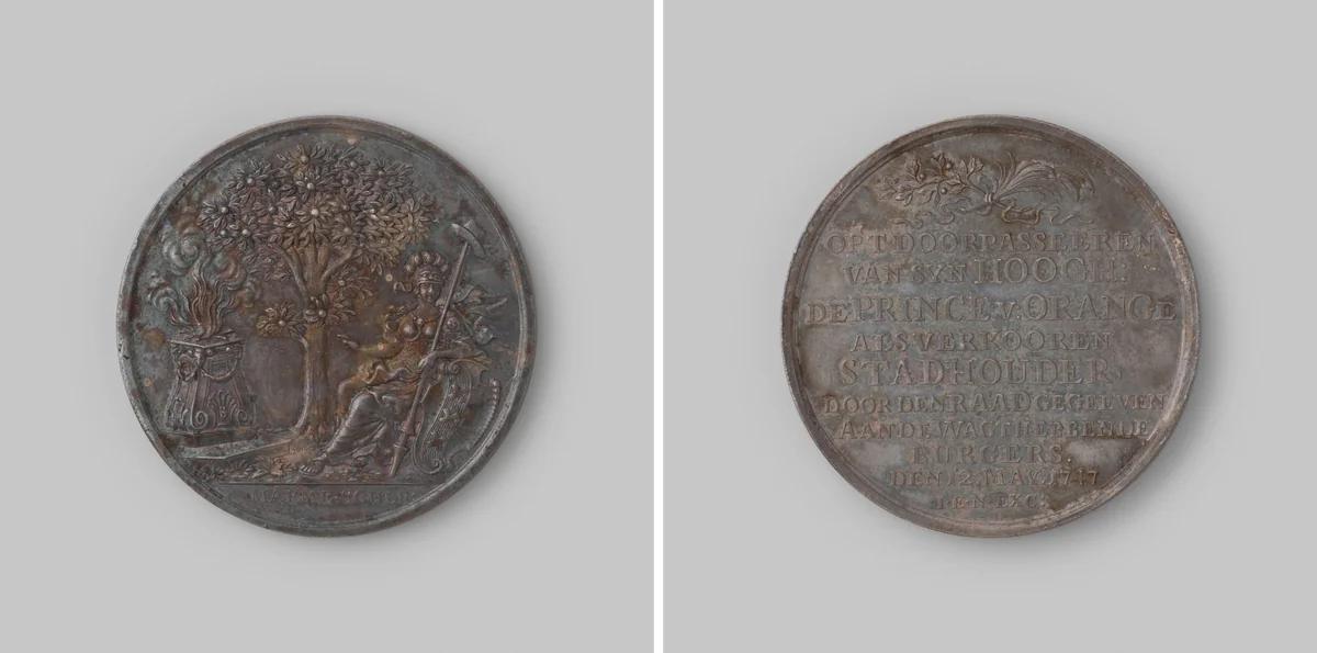 Gedenkpenning vereerd aan de wachthebbende burgers van Amsterdam, ter herinnering aan het verblijf van Prins Willem IV te Amsterdam op 11 en 12 mei by Johann Conrad Marmé, metalwork, 1747