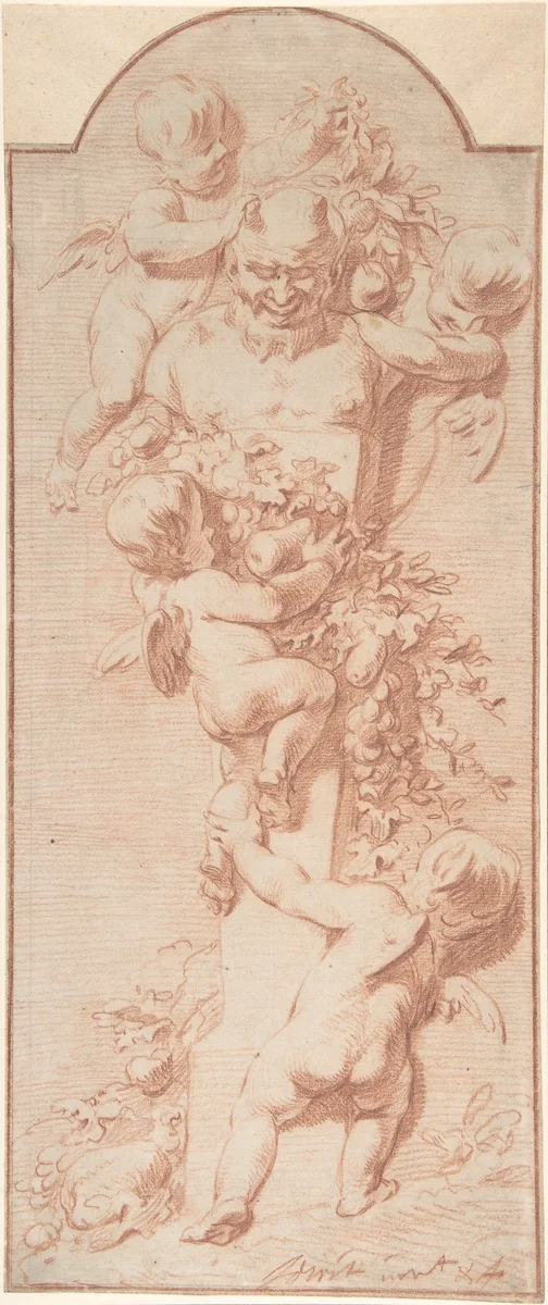 Design for a Panel with Four Putti Decorating a Herm (Terminal Figure) with Garlands of Fruit and Foliage by Jacob de Wit, drawing, 1715-1725