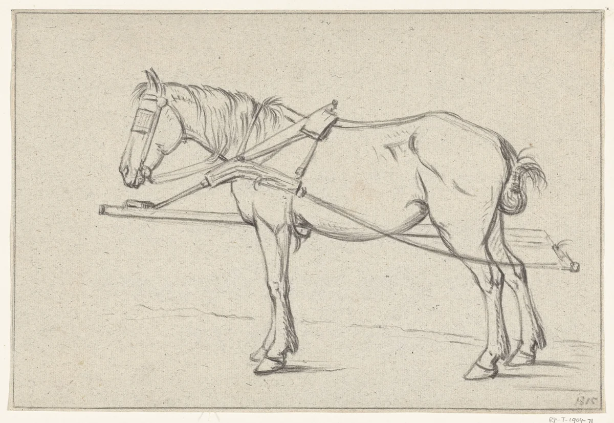 Staand ingespannen paard, naar links by Jean Bernard, drawing, 1815