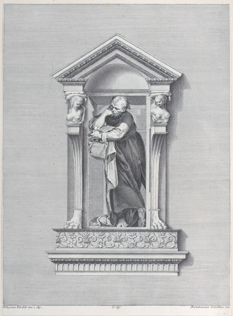 A standing man in a niche with his elbow resting on a column by Bartolomeo Crivellari, print, 1756