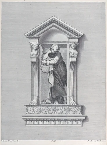 A standing man in a niche with his elbow resting on a column by Bartolomeo Crivellari, print, 1756