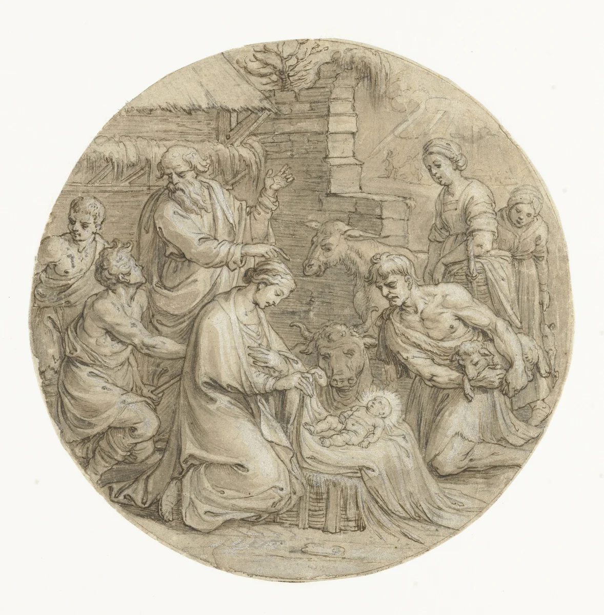 De aanbidding der herders by Pieter de Jode, drawing, 1580-1634