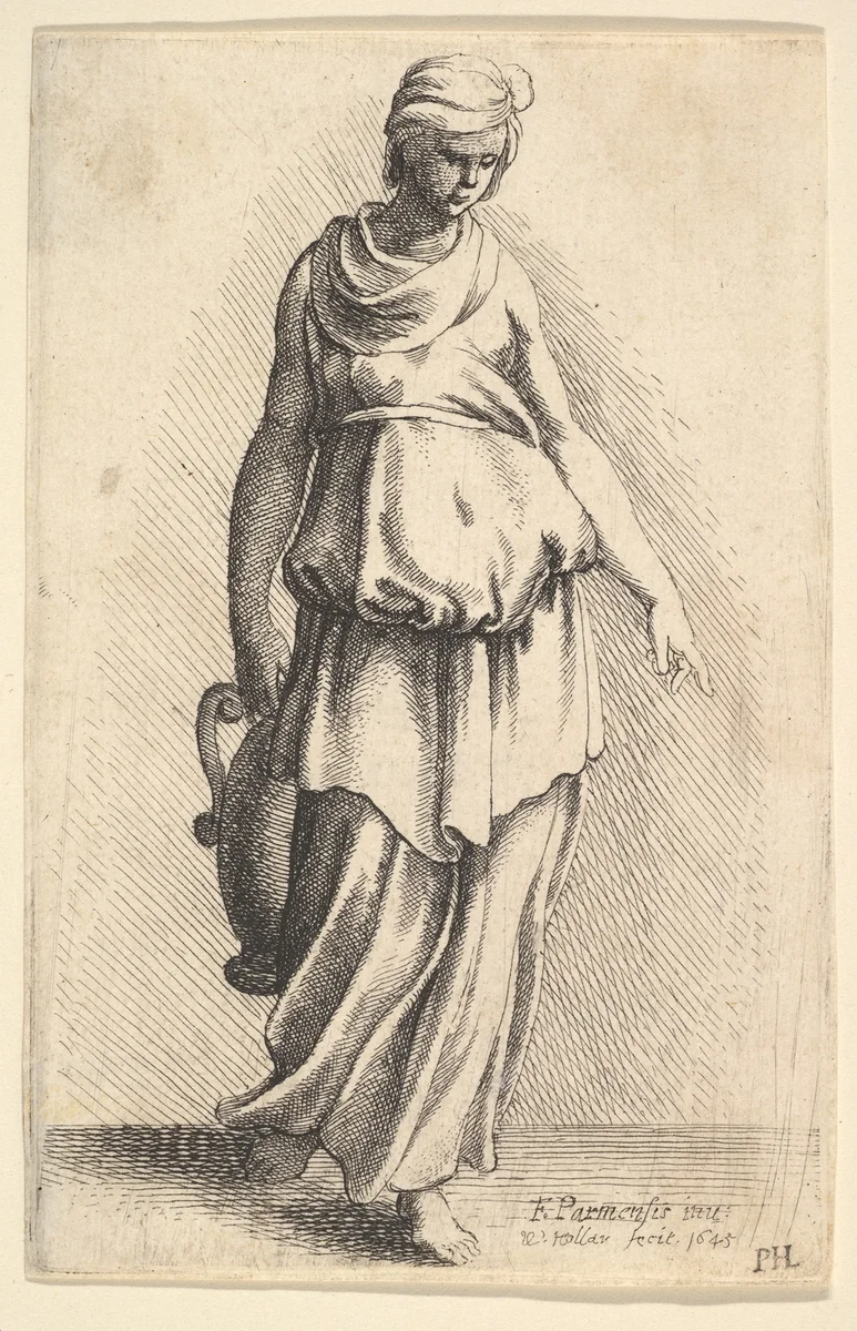 Standing female figure carrying a vessel by Wenceslaus Hollar, print, 1645