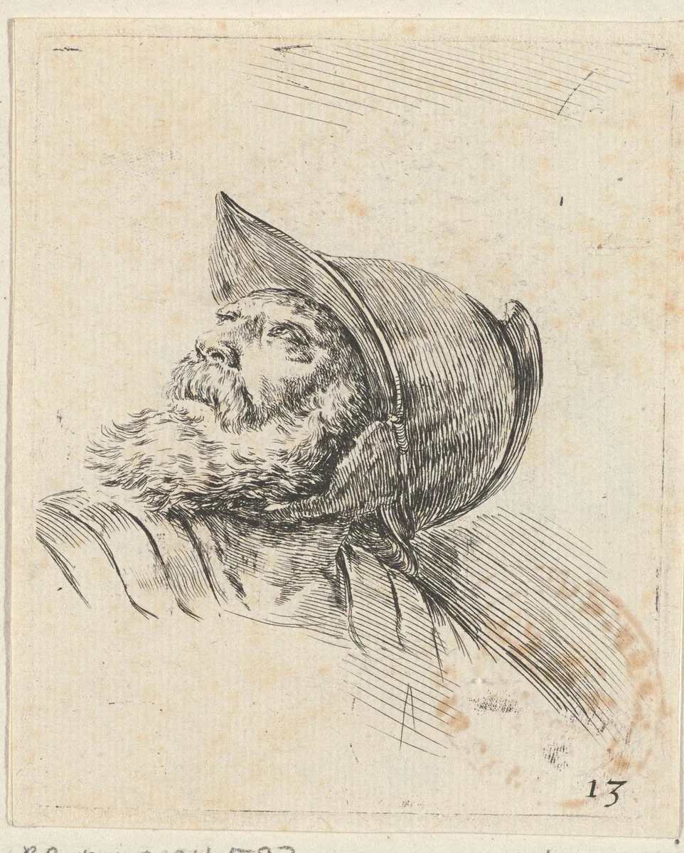 Hoofd van een oude soldaat met baard en helm, naar links omhoog kijkend by Stefano della Bella, print, 1620-1647