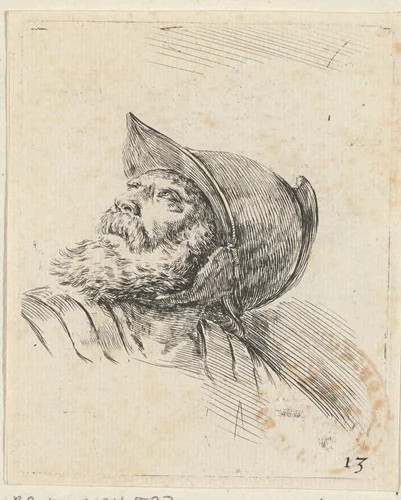 Hoofd van een oude soldaat met baard en helm, naar links omhoog kijkend by Stefano della Bella, print, 1620-1647