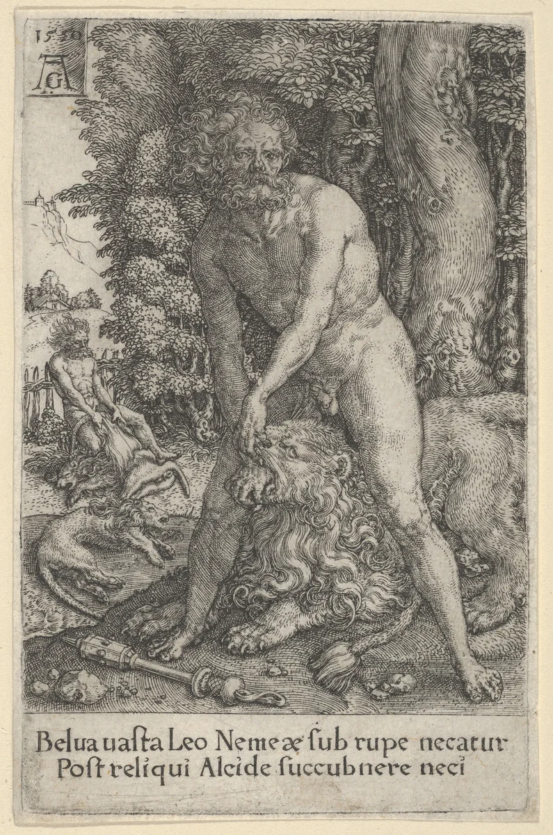 The Fight with the Nemean Lion, from The Labors of Hercules by Heinrich Aldegrever, print, 1550