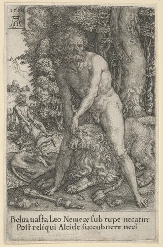 The Fight with the Nemean Lion, from The Labors of Hercules by Heinrich Aldegrever, print, 1550