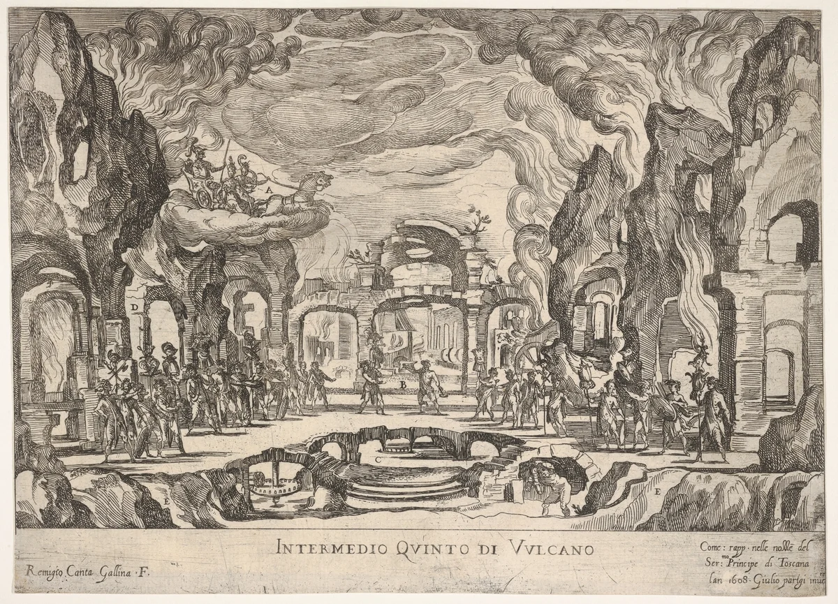 Fifth Interlude: Vulcan (Intermedio quinto di Volcano), from "Seven Interludes for the wedding celebration of Cosimo de' Medici in Florence, 1608" by Remigio Cantagallina, print, 1608