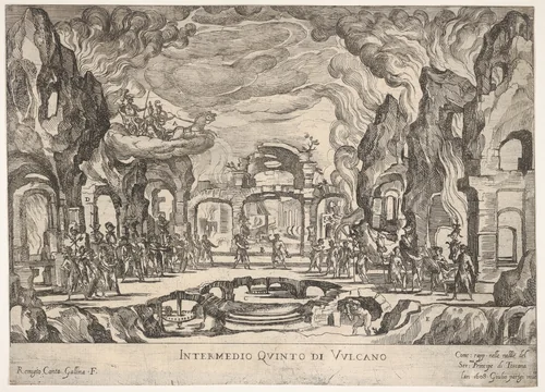 Fifth Interlude: Vulcan (Intermedio quinto di Volcano), from "Seven Interludes for the wedding celebration of Cosimo de' Medici in Florence, 1608" by Remigio Cantagallina, print, 1608