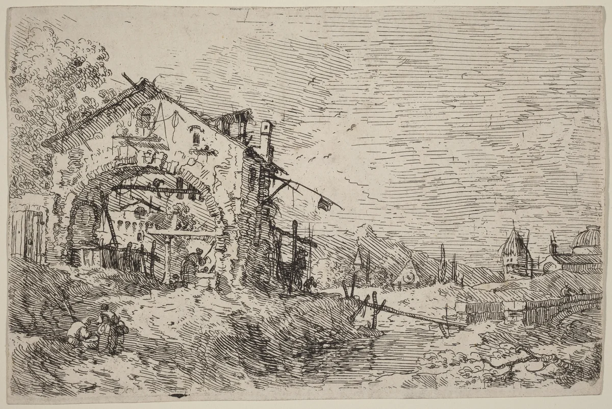 Landscape with a Woman at a Well by Canaletto, print, 1735-1746