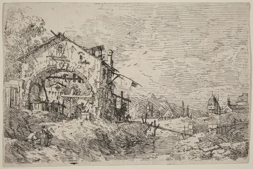 Landscape with a Woman at a Well by Canaletto, print, 1735-1746