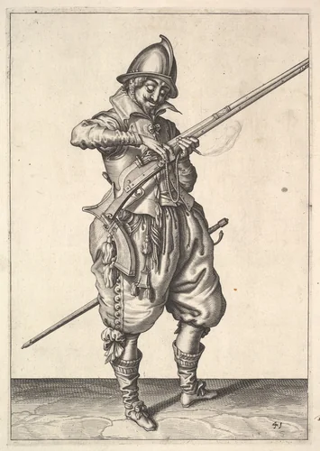 A soldier on guard shaping the match between his thumb and his forefinger, from the Marksmen series, plate 41, in "Wapenhandelinghe van Roers Musquetten Ende Spiessen" (The Exercise of Arms) by Jacques de Gheyn II, print, 1575-1629