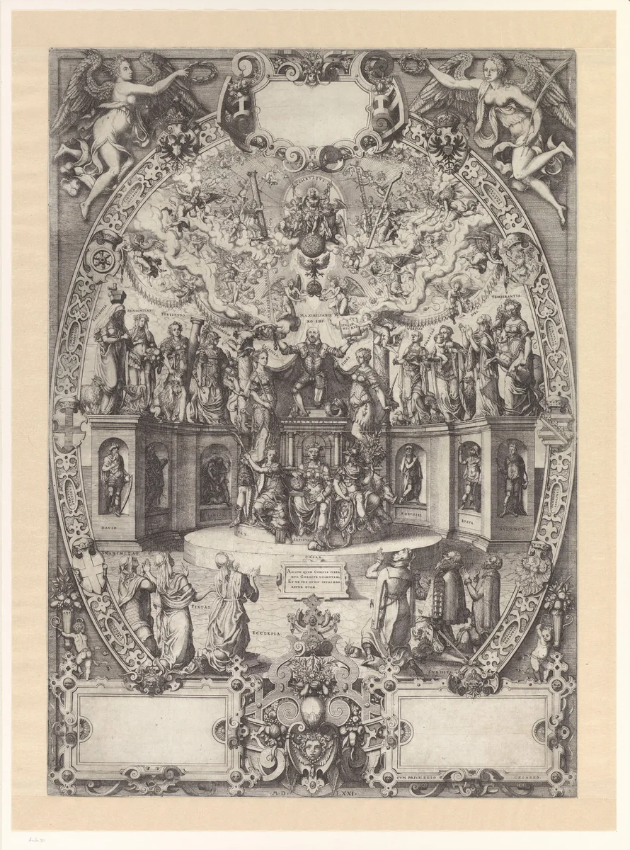 Allegorie op de aardse soevereiniteit van Maximiliaan II, Duits keizer by Unknown, print, 1571
