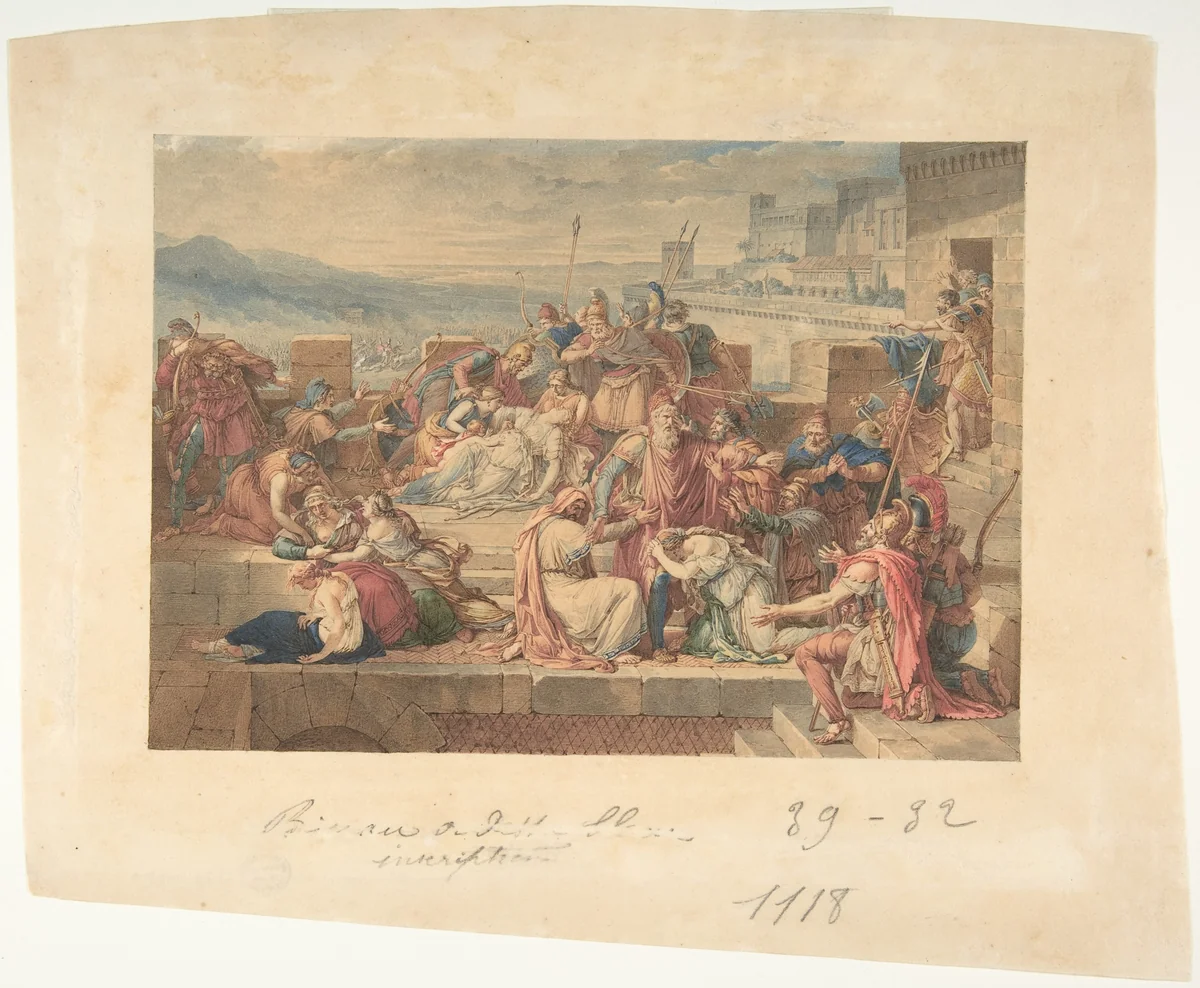 Priam and his Family Mourning the Death of Hector by Etienne Barthélemy Garnier, drawing, 1770-1849
