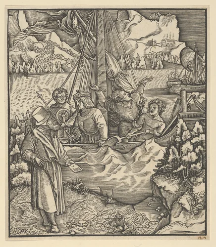Unfalo Endangering Theuerdanck's Ship, from Theuerdanck by Hans Schäufelein, print, 1517