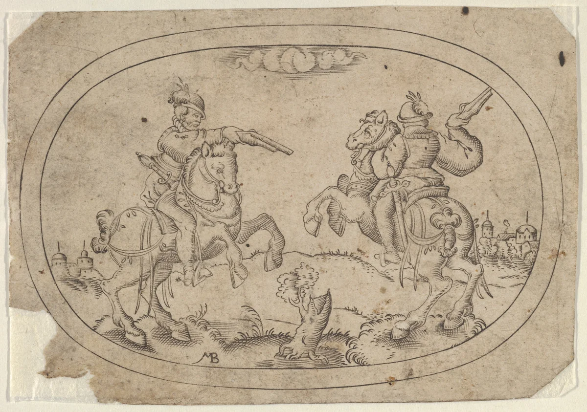 Two Riders, from Das Bossenbüchlein by Mathais Beitler, print, 1577-1587
