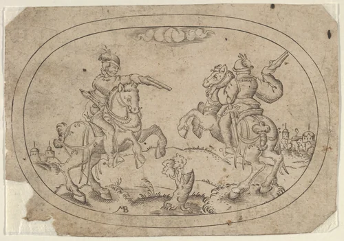 Two Riders, from Das Bossenbüchlein by Mathais Beitler, print, 1577-1587