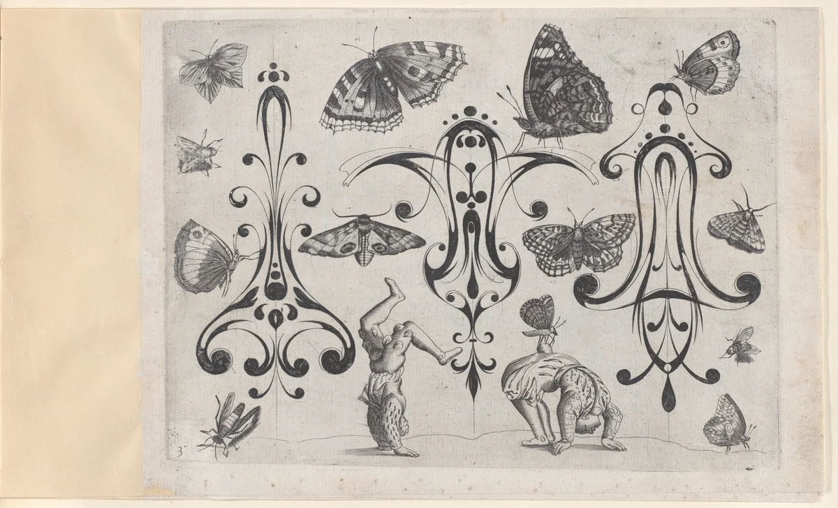 Blackwork Designs with Acrobats, Butterflies and Other Insects, Plate 3 from a Series of Blackwork Ornaments combined with Figures, Birds, Animals and Flowers by Meinert Gelijs, book, 1622