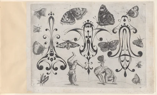 Blackwork Designs with Acrobats, Butterflies and Other Insects, Plate 3 from a Series of Blackwork Ornaments combined with Figures, Birds, Animals and Flowers by Meinert Gelijs, book, 1622