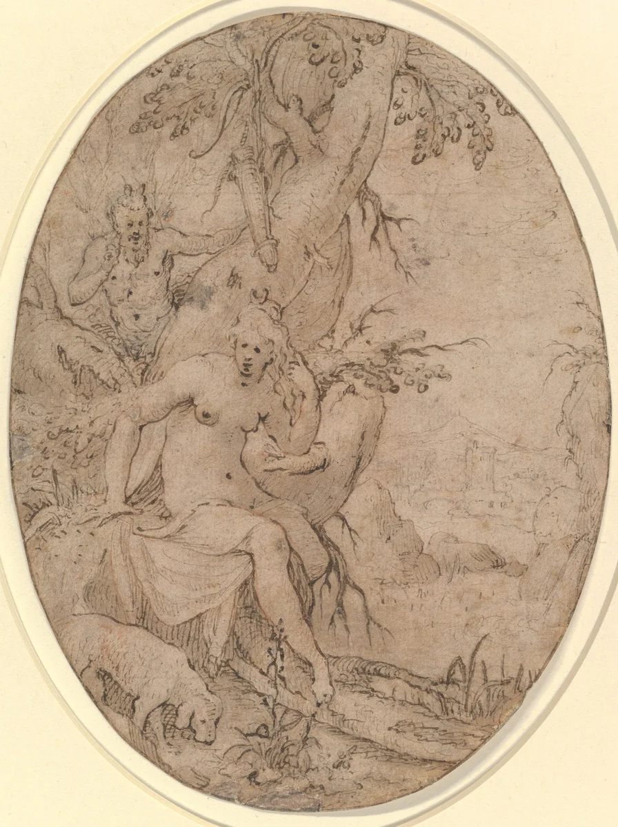 Diana and a Leering Satyr in a Forest by Paulus Willemsz. van Vianen, drawing, 1588-1613