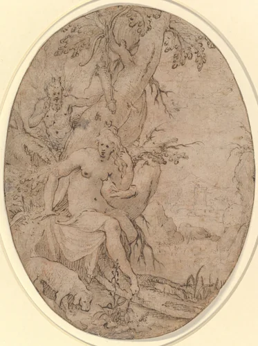 Diana and a Leering Satyr in a Forest by Paulus Willemsz. van Vianen, drawing, 1588-1613