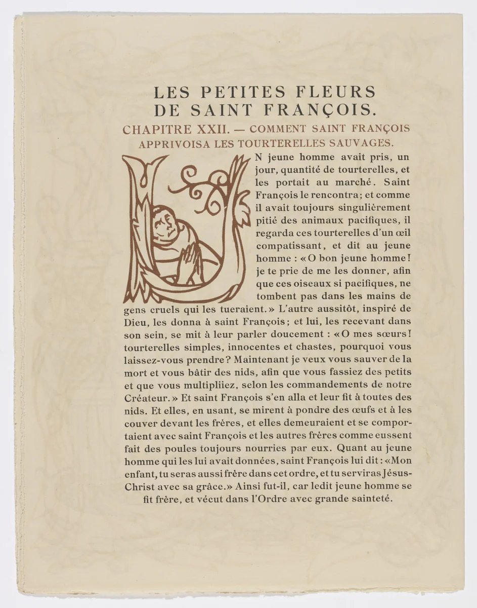 Pictorial initial (page 136) from Les Petites Fleurs de St. François (The Little Flowers of St. Francis) by Émile Bernard, illustrated book, 1928