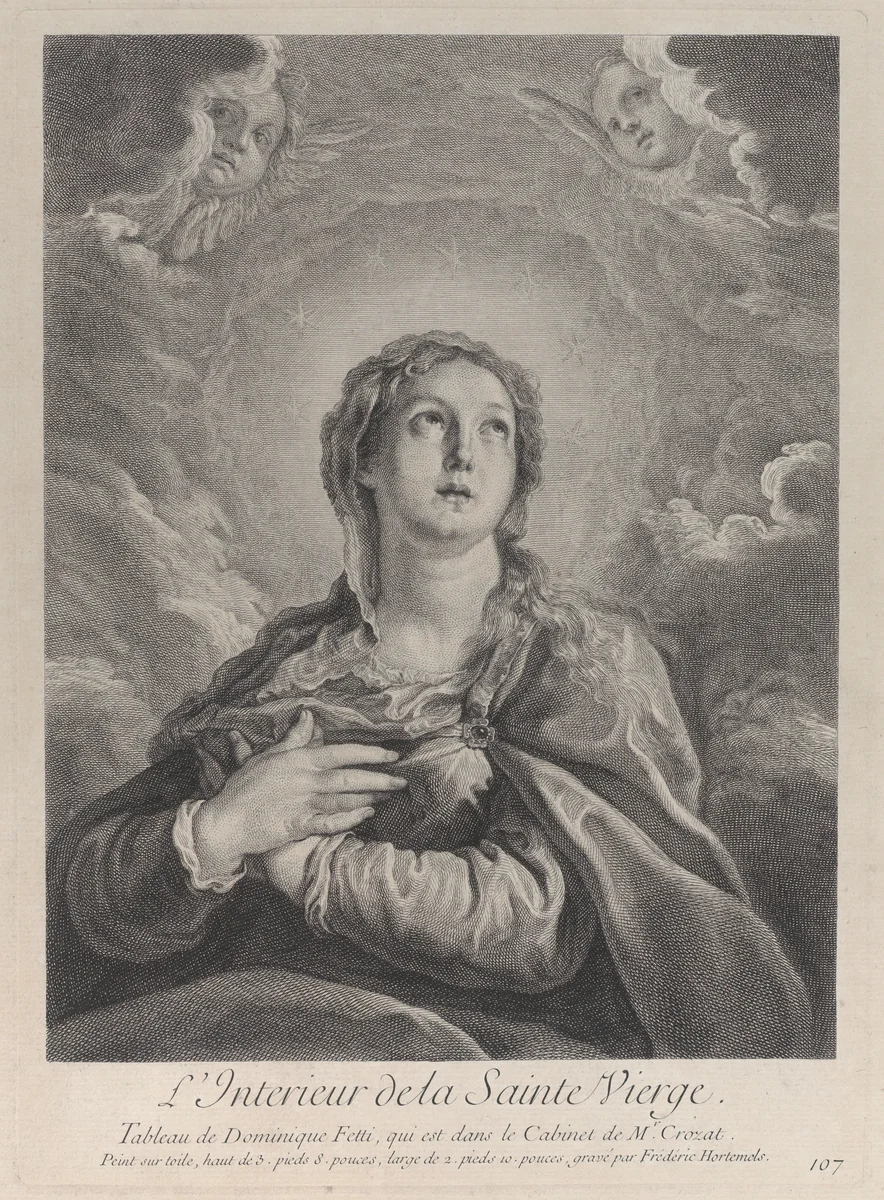 The Virgin, hands folded on her chest, looking upwards by Frédéric Horthemels, print, 1729-1740