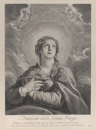 The Virgin, hands folded on her chest, looking upwards by Frédéric Horthemels, print, 1729-1740
