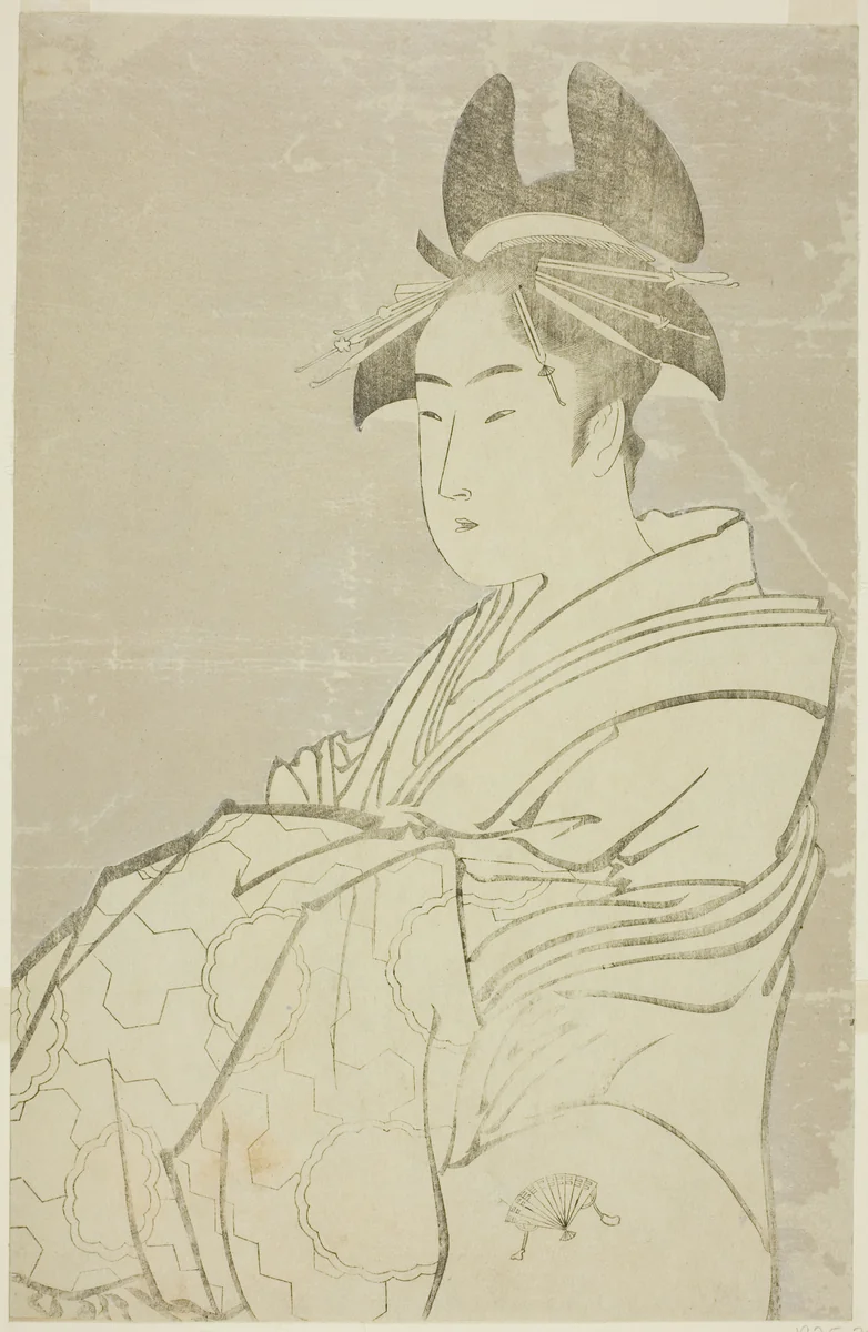 Miyahito of the Ogiya, Whose Assistants Are Tsubaki and Shirabe (Ogiya uchi Miyahito, Tsubaki, Shirabe) by Kitagawa Utamaro (喜多川歌麿), print, 1793-1794
