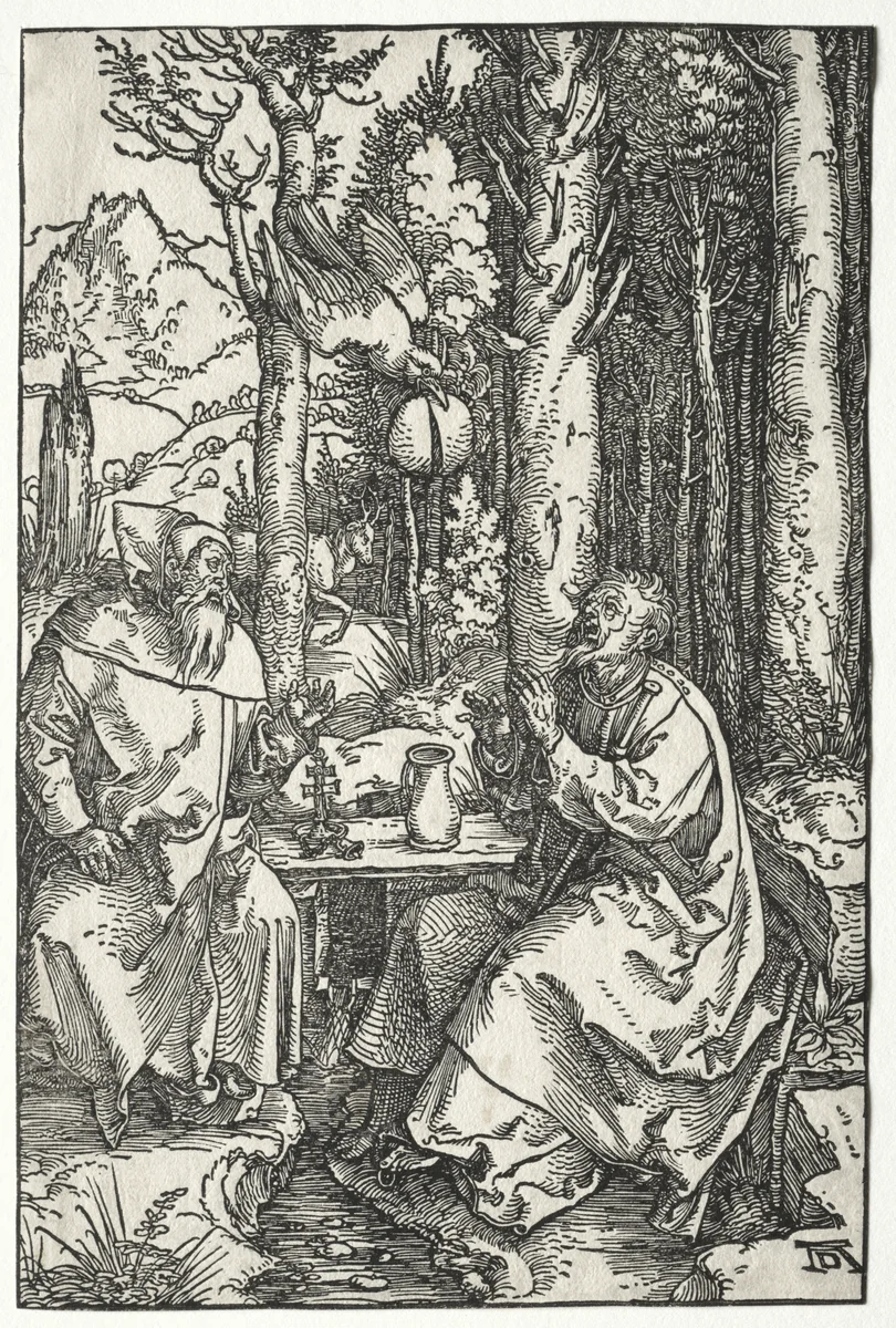 The Visit of St. Anthony to St. Paul the Hermit by Albrecht Dürer, print, 1499-1509