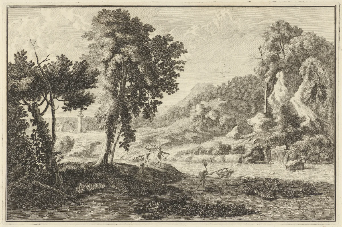 Arcadisch rivierlandschap met vissers by Adolf van der Laan, print, 1710-1747